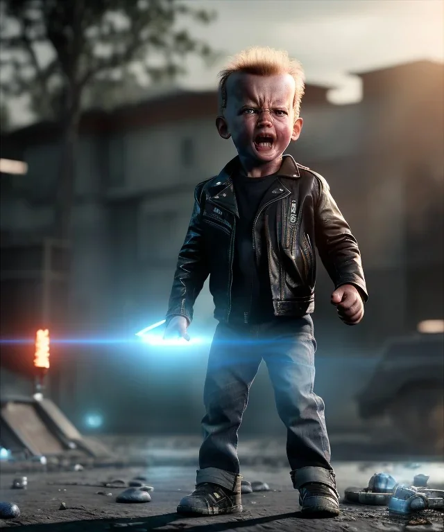 The Terminator toddler, full body, dramatic lighting, angry, hyper realistic