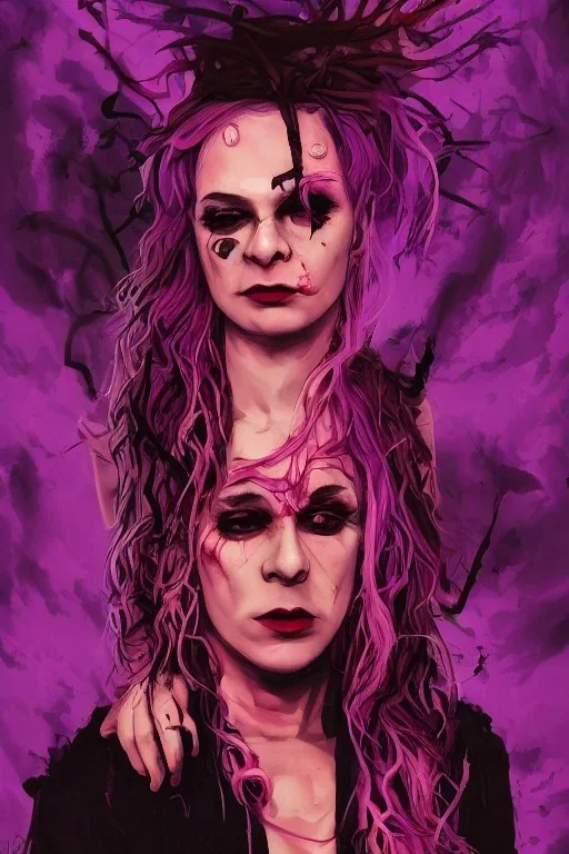 A portrait post-apocalypse of Lana Wachowski,transgender ,sin city, beauty,death,paranormal,eatheral,realistic,sharp,urple,red,fire,adorable,armaggedon,deep colours ,fire,purple,red,gold,dark,cinamatic,fantasy,demon,hell,sci-fi fantasy style, volumetric lighting, particales,highly detailed,cinamatic,ignore NSFW , masterpiece, best quality, black skinned, sparkling eyes, sun light, 8K, high