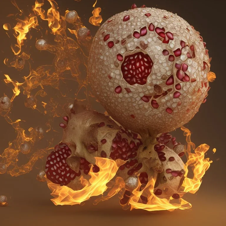 Pomegranate with fire skin and seeds made of sparkling diamond, with full details, 8k, 16k