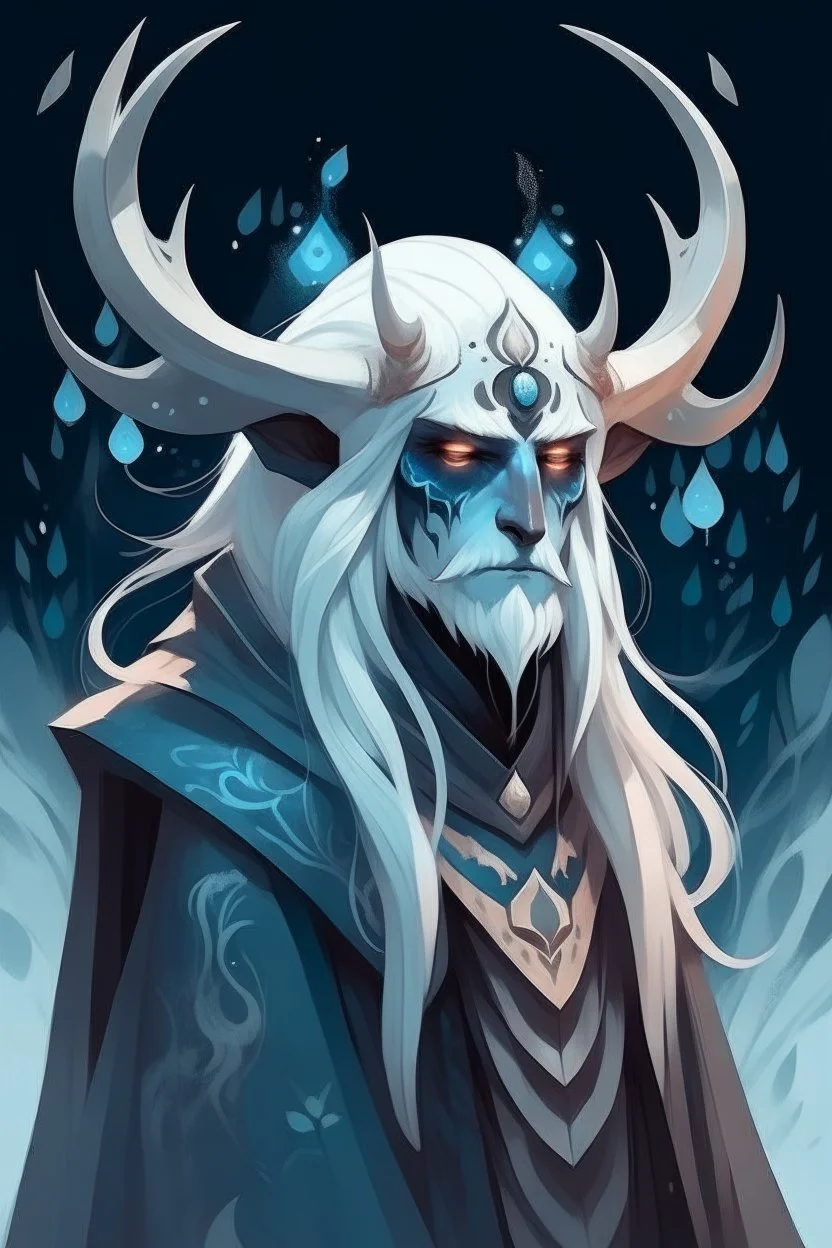 white blue hair winter cold sad frozen Eladrin Male icicle antlers beard druid