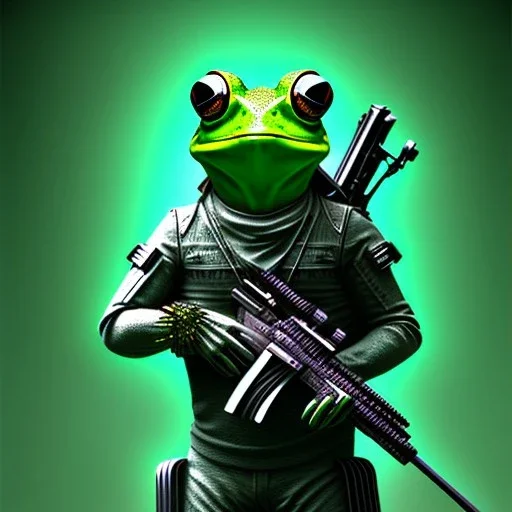 cyberpunk frog, holding a sniper rifle, green filter