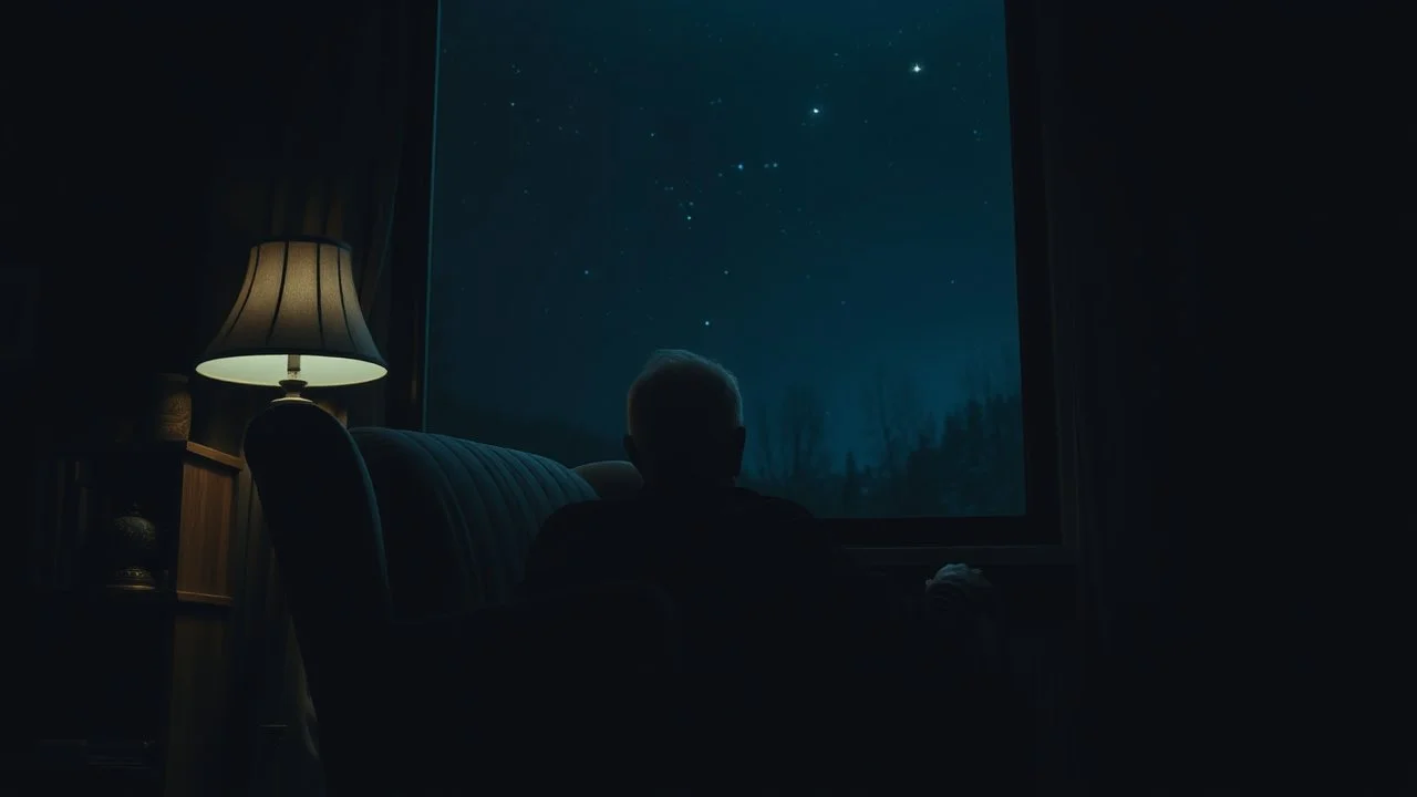 Melancholy theme picture. sometimes tha man at night stares out into the cold space, and something hurts the heart, something big thing miss. old man sitting in old armchair at home and looks into nothingness, melancholic mood, meaning of life, dark night, with two fade stars, detailed, gloomy, and surreal vibe. dark colors, cinematic