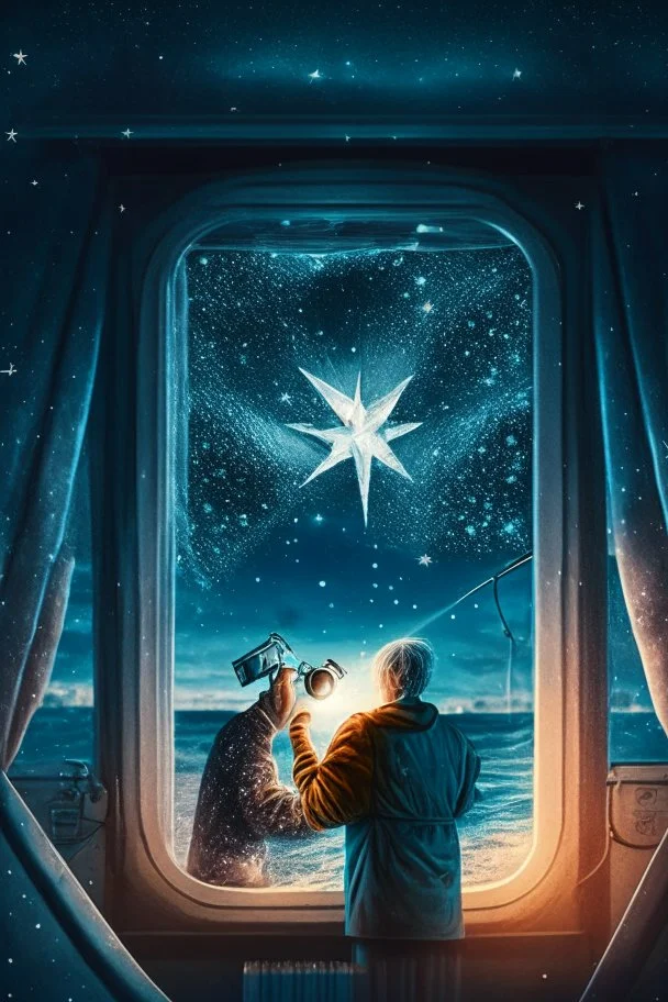 doctor cutting binoculars off patient , with background star field seen in the window of a boat, 4 k, trending art, depth of field