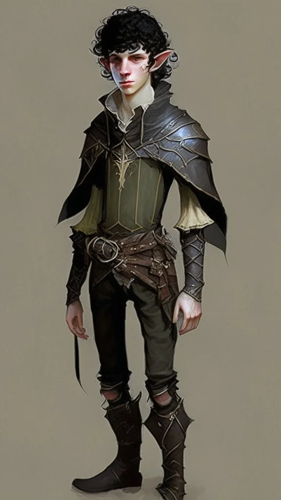 a teen elf. he has curly, black hair and sharp cheekbones. His eyes are black. He wears fantasy medieval clothes with boots. he is lean and tall, with pale skin. full body