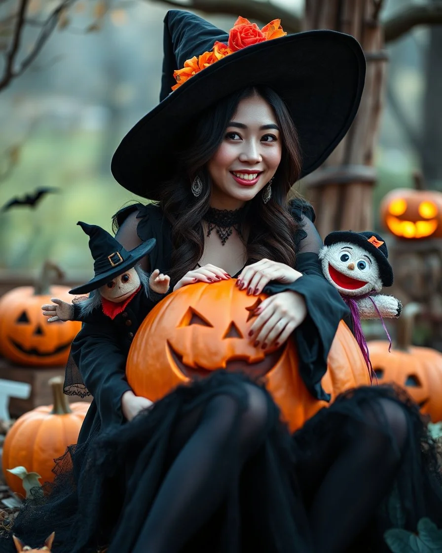 beautiful Asian woman in unique custom fashion witch style Happy Halloween,sitting biggest pumpkin Halloween ,sorrounded by puppets Halloween