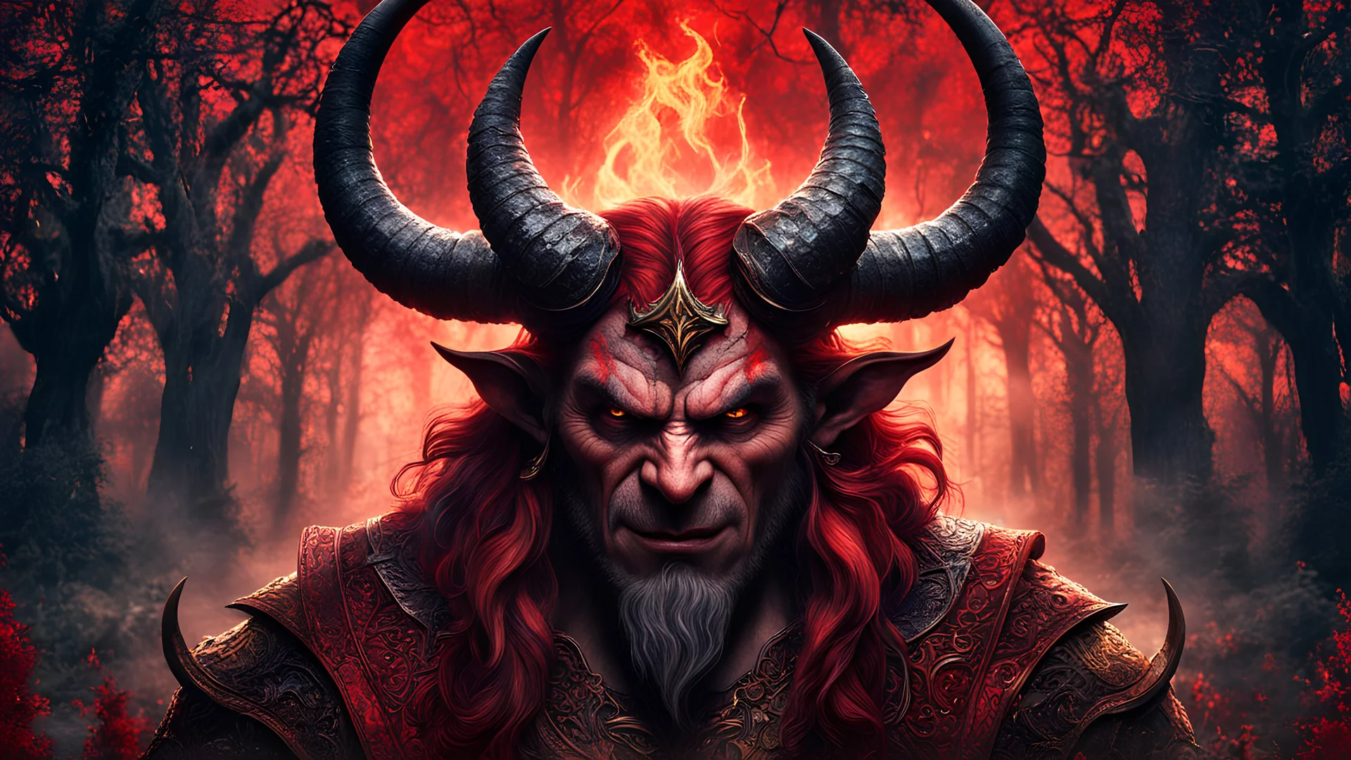 picture of a (male demon:1.1), epic demon with horns, official hdr work, red blood, intricate wlop, howard brody, tarot card fool, nationalist, imaginfx, old scroll, magic forest, soft light