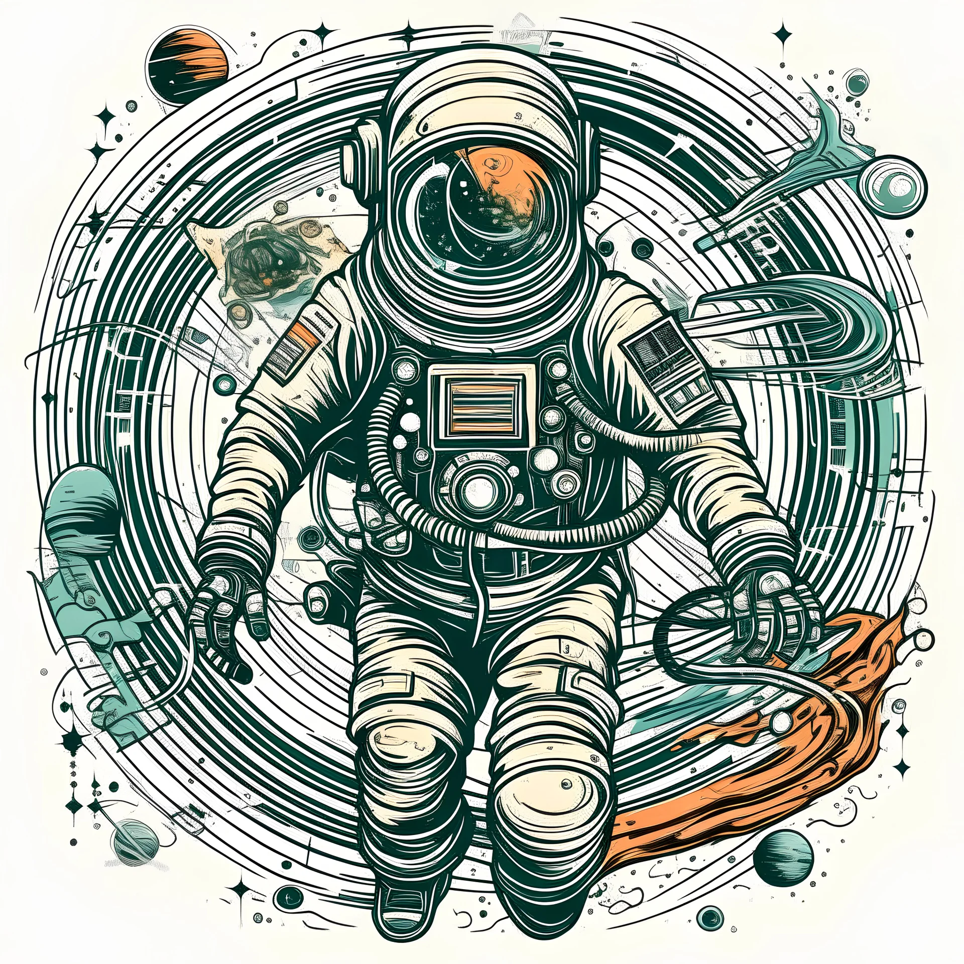 Vintage tshirt print design (on a white background:1.2), digital art of Retro Space Explorer navigating a cosmic sea, (Art Deco:1.2), highly detailed, 4k, masterpiece.