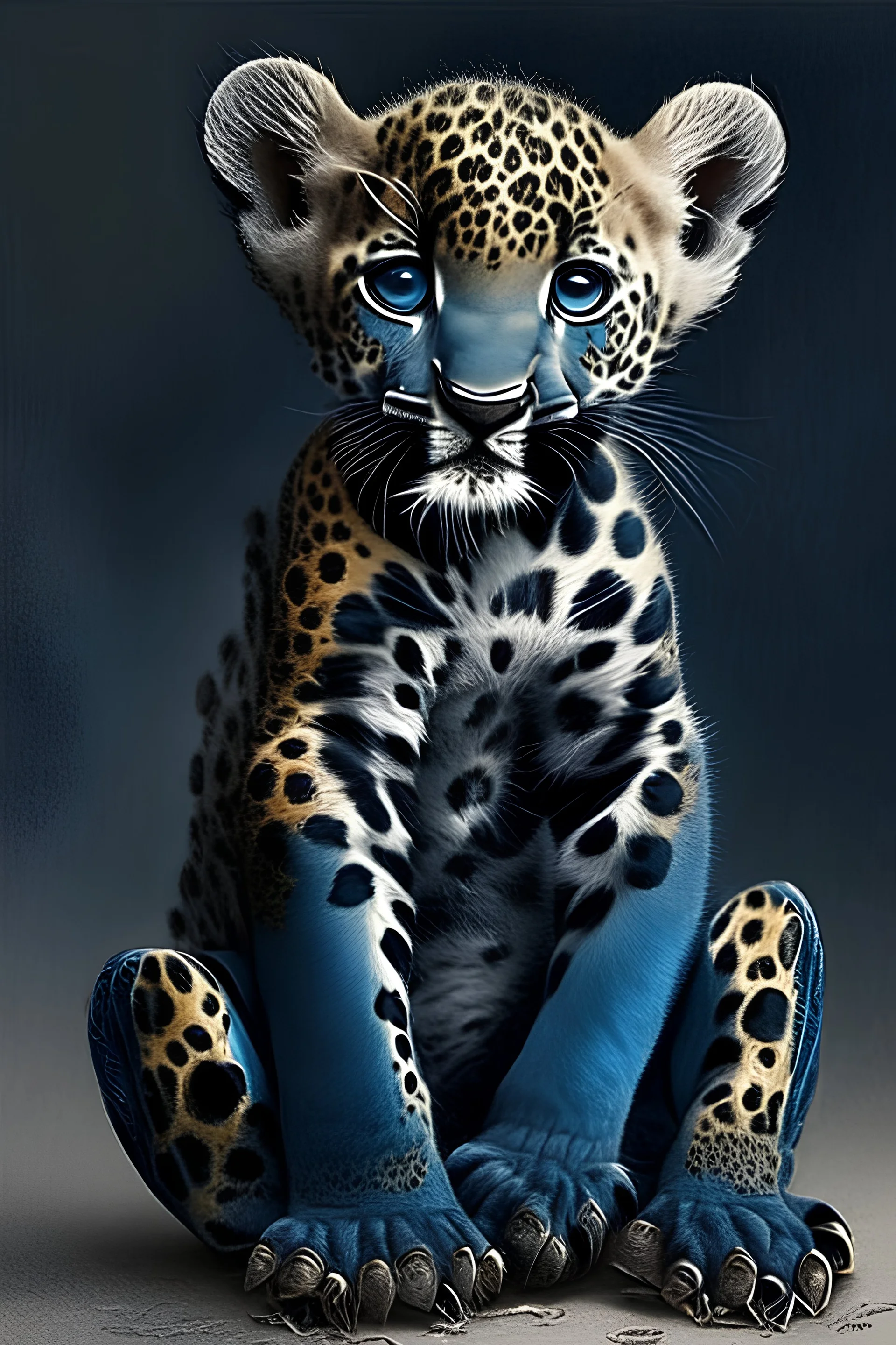 a jaguar and has wing and wears Blue dark Jeans and ltd Baby and cute