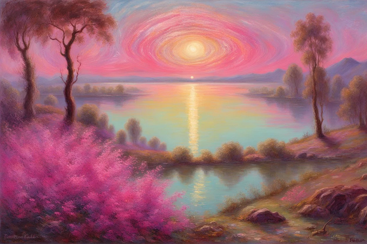 fushsia sky, planet in the sky, lake, sci-fi, mountains, galactic cosmic influence, friedrich eckenfelder and emile claus impressionism paintings