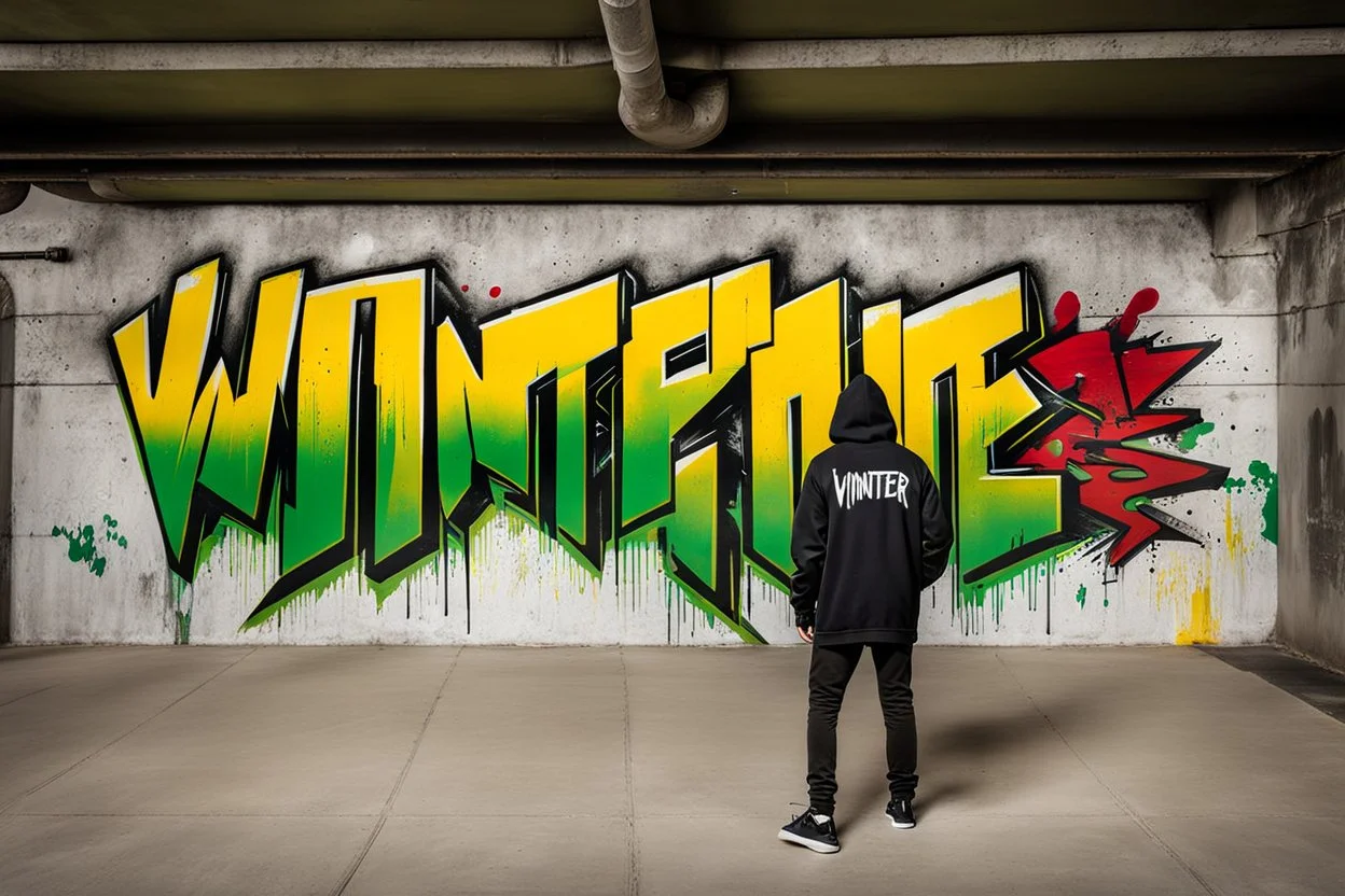 painted on concrete wall of underpass a young cyberpunk hacker paints a complicated colorful / uppercase all-white graffiti text in text: "WINTERMUTE"; street art, graffiti green-yellow-black triotone, wall painted matte black and yellow and deep red, semi-front view, low angle, daylight, cinematic, dramatic