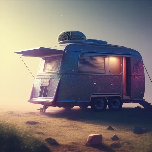 Modern Caravan, ultra realistic, intricate details, ultra highly detailed, shiny, smooth, studio quality, octane render, Surrealism, Triadic colour scheme,glow-stick, ambient lighting,nightclub lighting, polaroid, 100mm, --ar 1:1 --v4