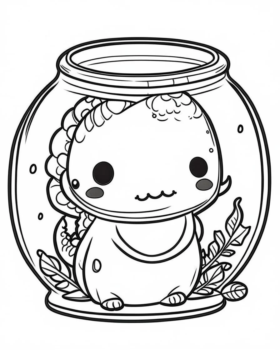 kawaii axolotl in jar minimalistic, line art, background, vector, svg, coloring book page style, black outline on white background