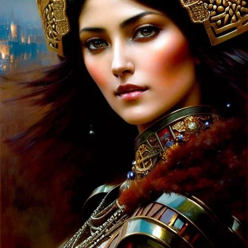 portrait beautiful face Jazmín,busty,ancient metal armor balanciaga fashion clothe painting by gaston bussiere, greg rutkowski, yoji shinkawa, yoshitaka amano, tsutomu nihei, donato giancola, tim hildebrandt, oil on canvas, cinematic composition, extreme detail,fit full head inside picture,16k