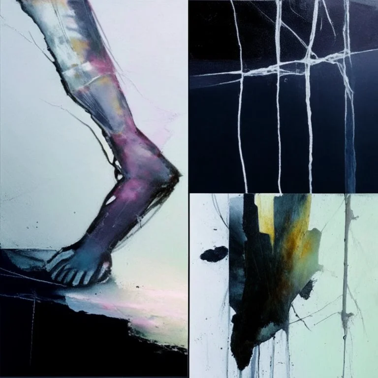 Minimal contemporary abstract oil painting, close up person limbs, concrete fragments, illuminated at dusk of Justin Mortimer And Francis bacon