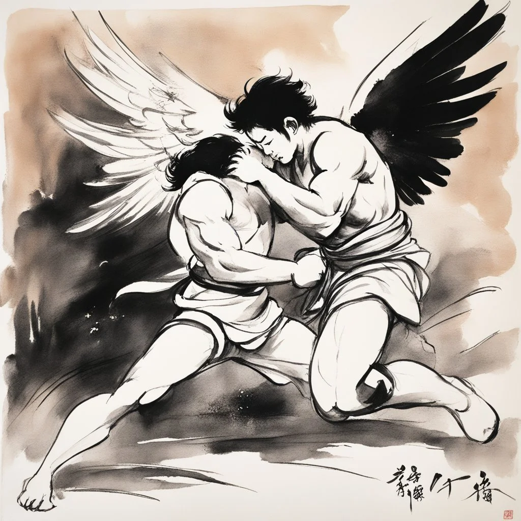 [traditional Chinese brush, expressive line, ink washes] Jacob wrestling with angel
