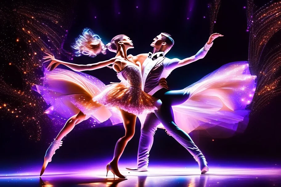 very beautiful a ballet male and female dancers couple in very pretty clothing dancing ,hyper realistic ,disco lights,very luxury dance stage ,with nice light sources and devices in stage, close up,full body show