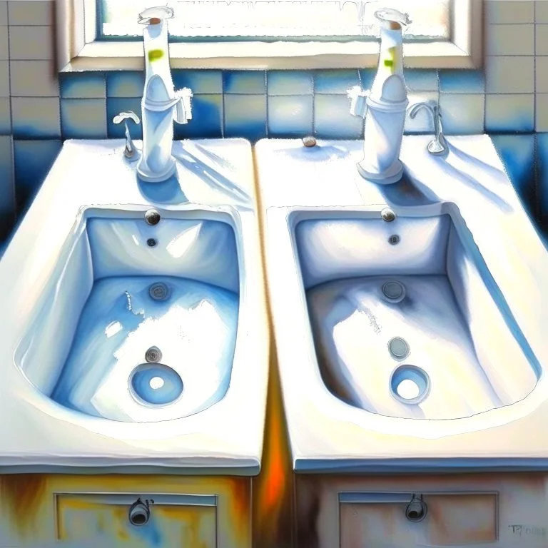 two white sinks, in one of them water is turning right and in the other lef, art, oil drawing, bright,