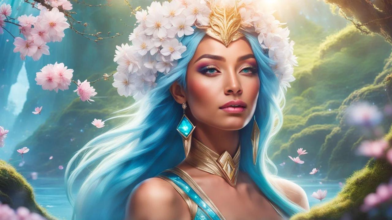 Close-up portrait of a gorgeous smiling skinny polynesian goddess with a golden dark shining skin, long smooth clear turquoise blue white hair, blue eyes, in a sci-fi outfit with luminous strikes blowing a kiss in a hill of flowers with sakura trees, a small torrent, loads of mini flowers, moss, sun rays through the branches, particles in the air at spring