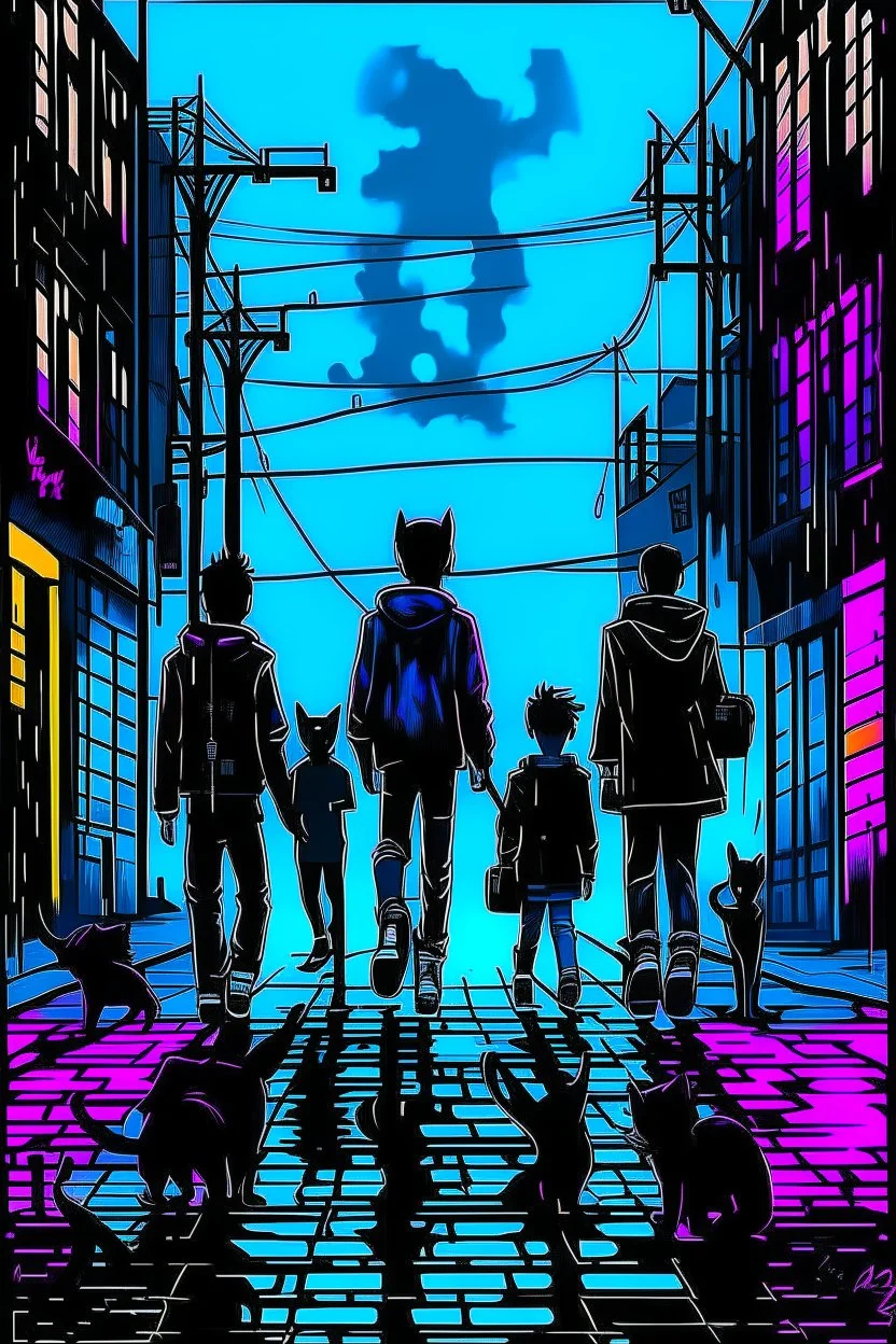 Black cat with two teenage boys and one punk girl with the cat walking on the night town street. Detailed picture, Street art style, dark colours, graphic style, fine art, Kandinsky style, Banksy style, Beksiński style