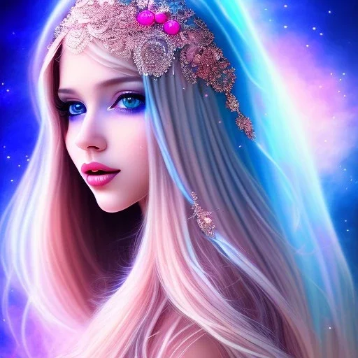 beautiful, soft, smiling face, whole head, long straight blonde hair blues eyes, crown on the head, clothing in transparent bluish and pink veil, background brillante bluish and pink,