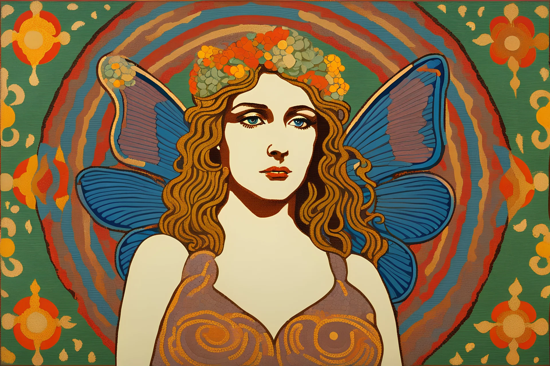 colorful psychedelic painting of ancient god psyche depicted in ancient mosaic art as a butterfly-winged woman by andy warhol