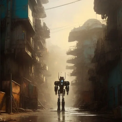 giant mecha in the favela street , close up by Greg Rutkowski, matte painting, intricate, fantasy concept art, elegant, by Stanley Artgerm Lau, WLOP, golden ratio, thomas kindkade, alphonse mucha, loish, norman Rockwell,