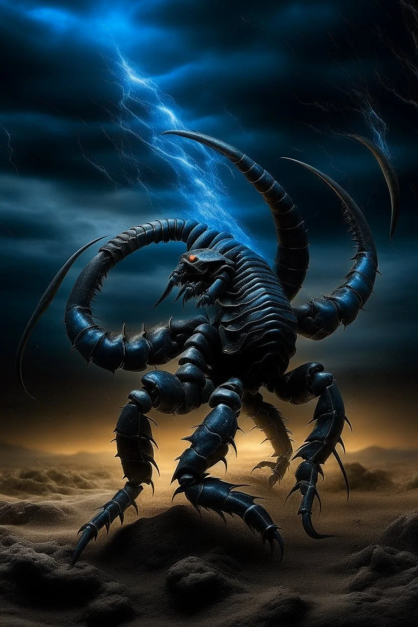 Black emperor Scorpio emblem on a burning landscape background With its Tail curled up behind his back ready to strike and from claws grasping under a storming sky with blue lightening striking around it