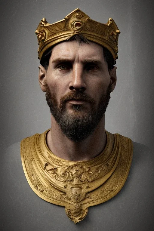 Realistic image, classic sculpture made in marble with gold veins, Lionel messi, gold laurel leaves crown, waist up portrait,marble material, gold ornaments, Renaissance style, sun rays background, epic, celestial, cinematic lighting, God lights, 4k resolution, smooth details, soft lighting, unreal engine 5, art station, substance 3d.