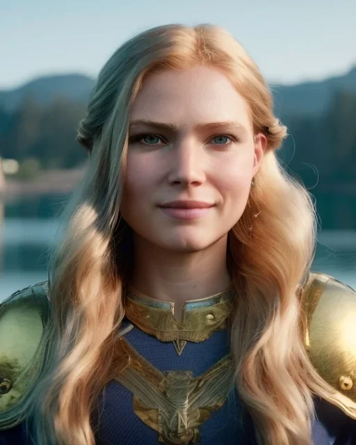 Pretty golden haired Viking Woman, smiling, pretty blue eyes, dark brown eyebrows, feminine, exquisite ornamental golden armor, 8k, unreal engine 5, octane render, cinematic lighting