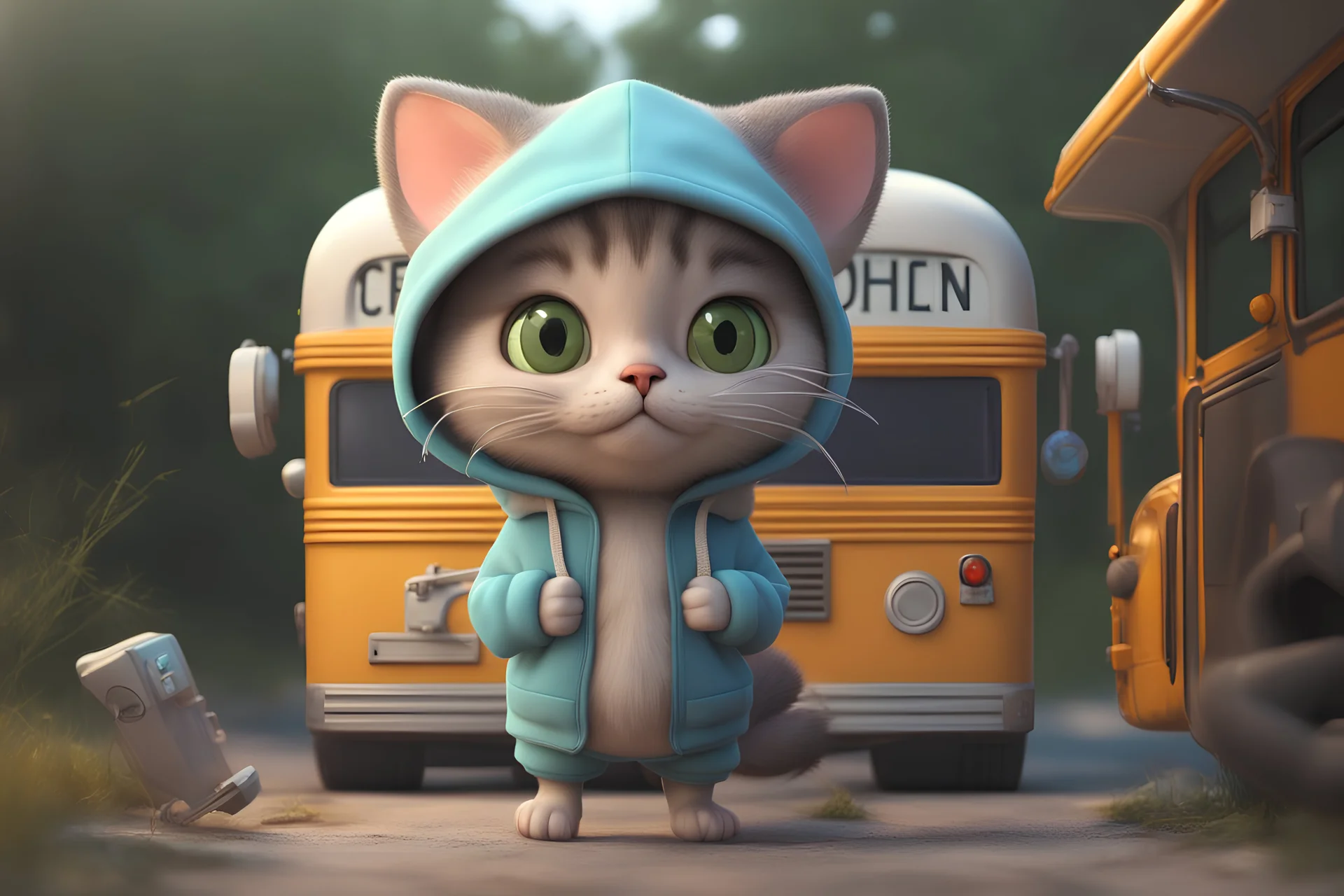 funny cute little cat with bakpack standing near school bus in headphones and hoodies, disney style 3d light, back to school, Zbrush sculpt, high detail realistic cloth, concept art, Zbrush high detail, pinterest Creature Zbrush HD sculpt, neutral lighting, 8k detail , natural lighting, full color painting,