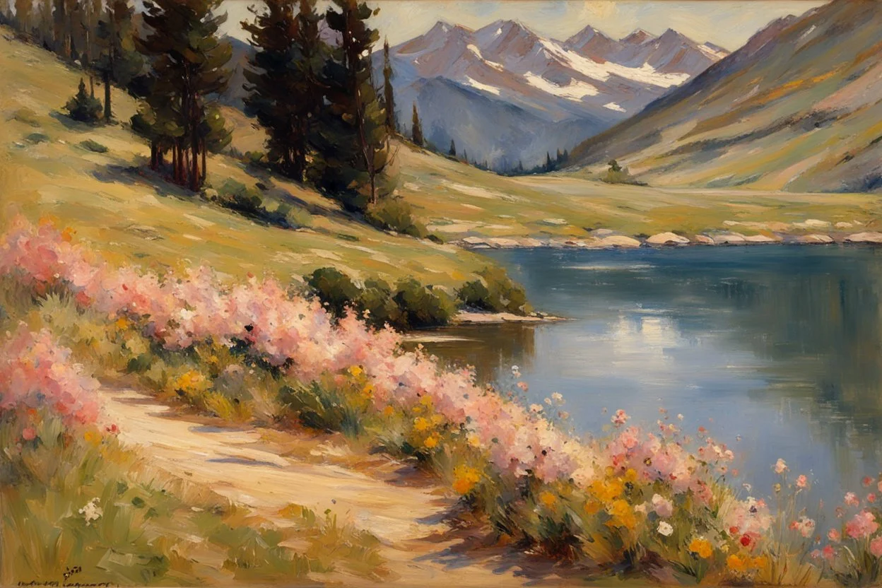 Mountains, lake, flowers, pathway, pine trees, sunny day, theodore robinson impressionism painting