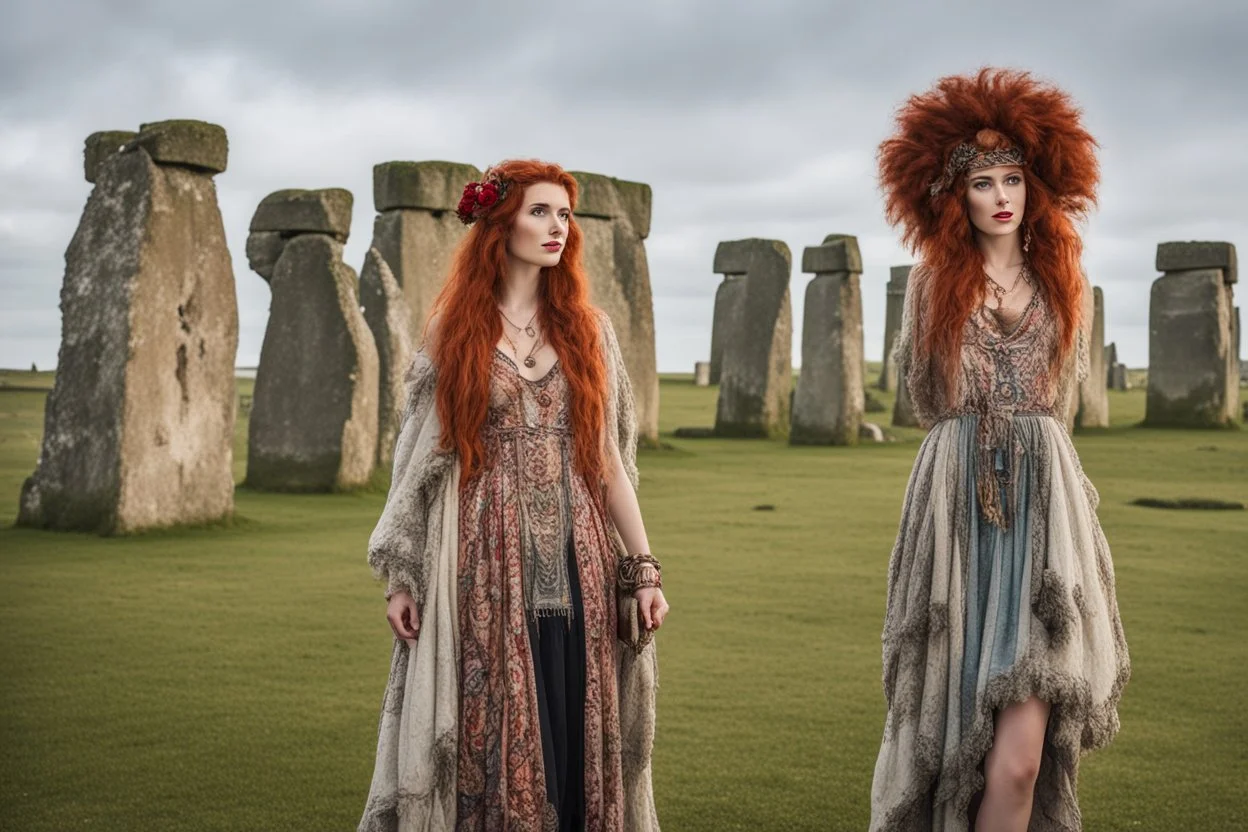 Full body shot of a tall slim red-headed young woman, dressed like a gipsy, standing in front of Stonehenge