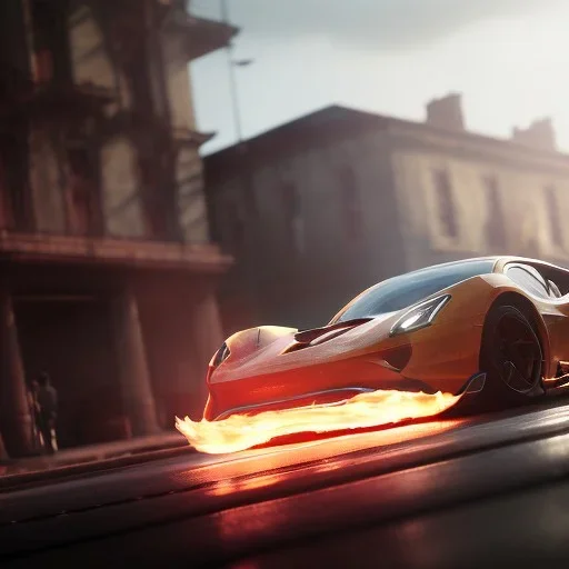 photo of a ultra realistic,set in fire hyper car, cinematic lighting, battered, low angle, trending on artstation, 4k, hyper realistic, focused, extreme details, unreal engine 5, cinematic, masterpiece