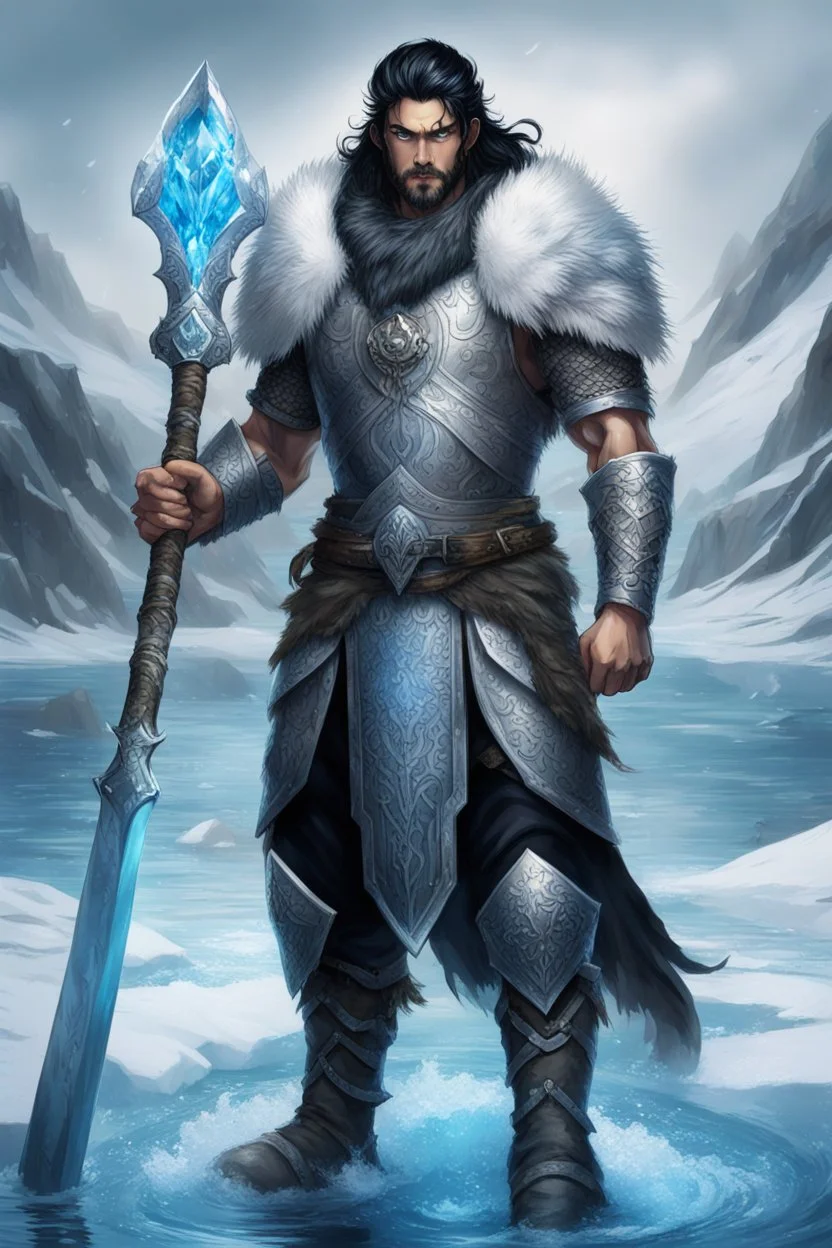 1 mana warrior, with blue eyes and black hair man in silver Viking armor with fur around the neck with blue crystal on his chest , standing in water in the artic, holding a ice axe, warrior in anime style,