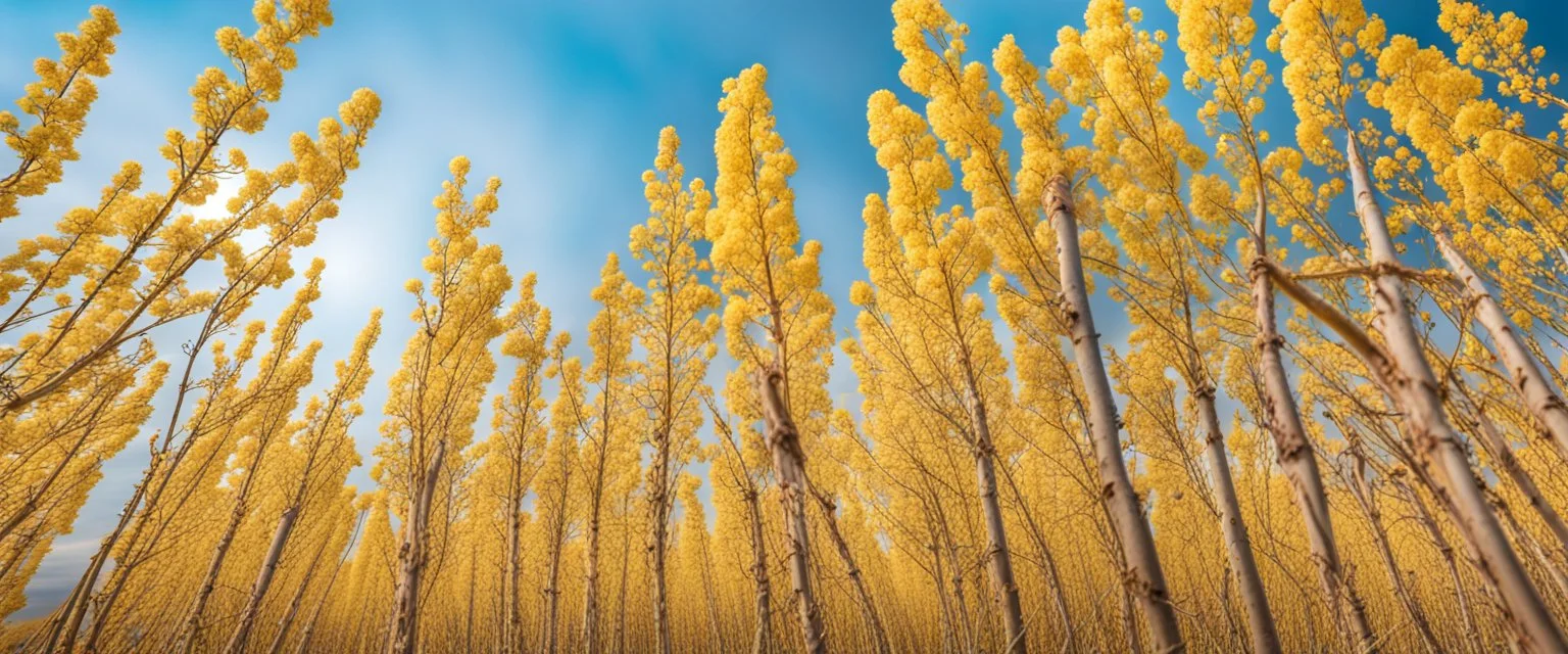 blue sky for top half, across Middle is canola flowers with canola stems branches and leaves