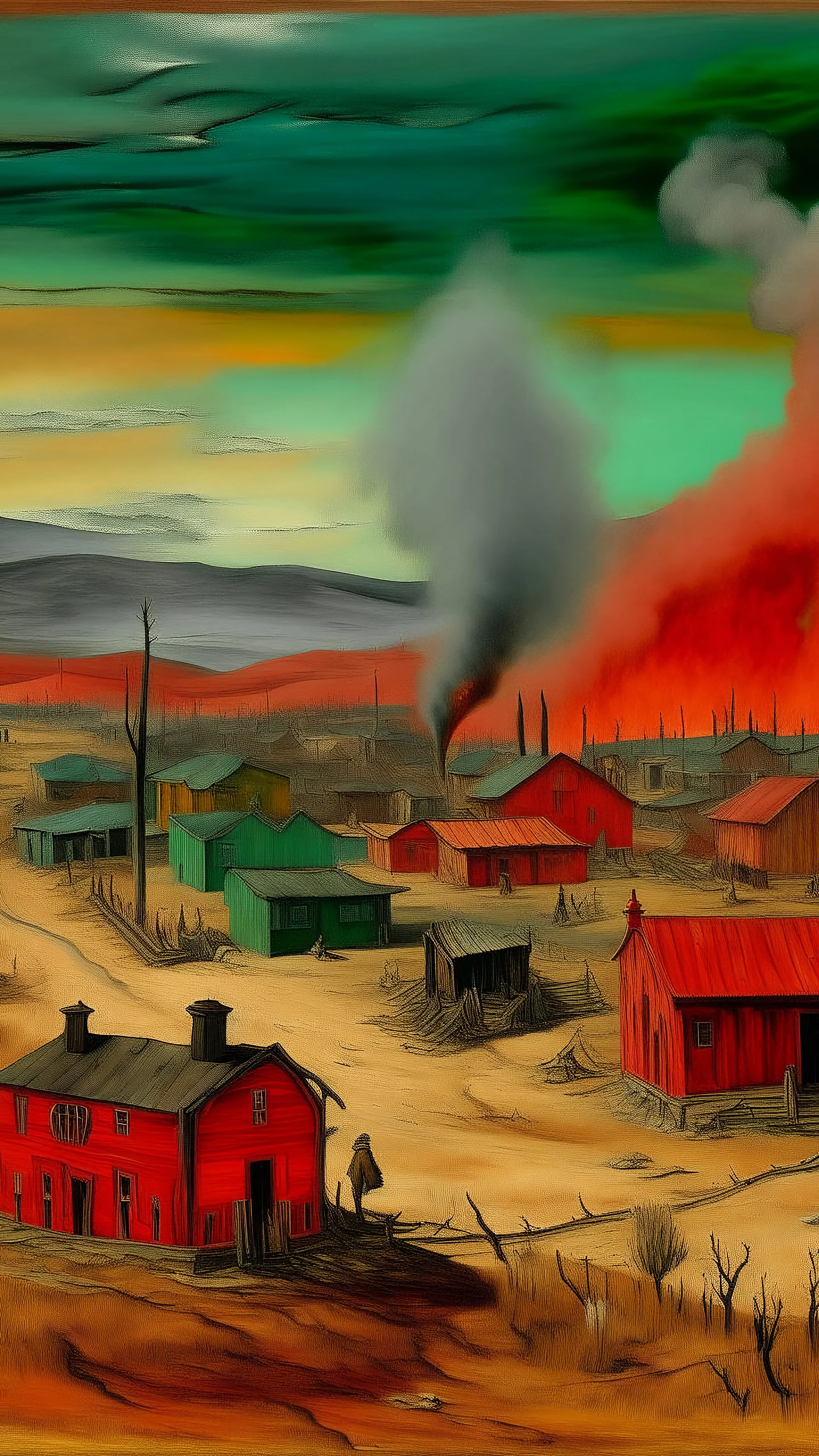 A red western town covered in smoke painted by Vincent van Gogh