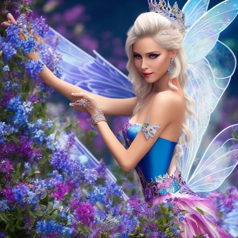 Fantasy fairy with transparent wings, smiling, make up, long platinum blond hair with crown and flowers, blue dress, flowering background