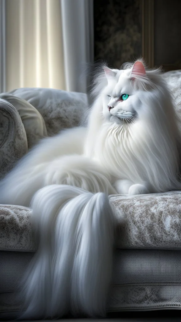 White cat, long hair, sitting on a sofa hdr