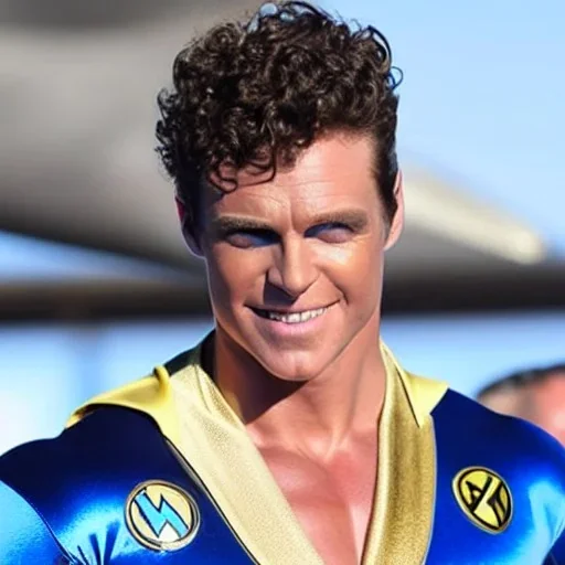 A superhero man with a sky blue spandex suit. He has a sky blue mask on, blue eyes, freckles, dimples, and curly dark brown hair. He's wearing gold boots and gold artist gloves with a white belt and has a gold M on his chest. His boots have small feathered wings on them, and his shoulders have shoulder pads. He is smiling