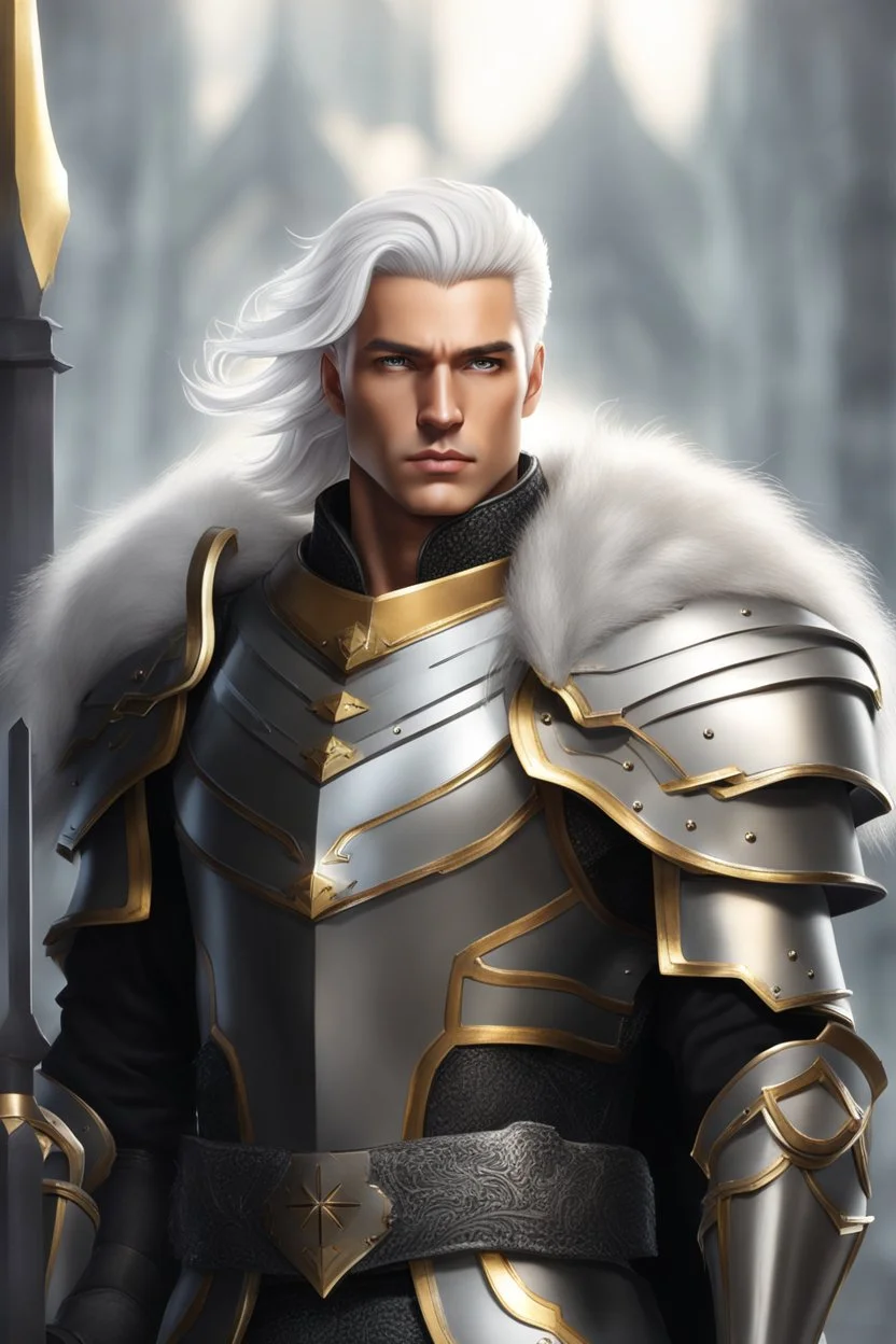 Male Tan Human, White Hair, Handsome Face, Dark Heavy Armour, Black and Gold colour theme