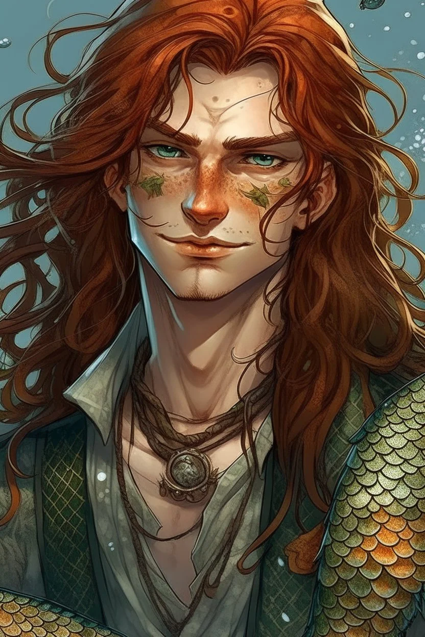 wet pirate nereid male with fish scale skin, freckles and seaweed in long auburn hair