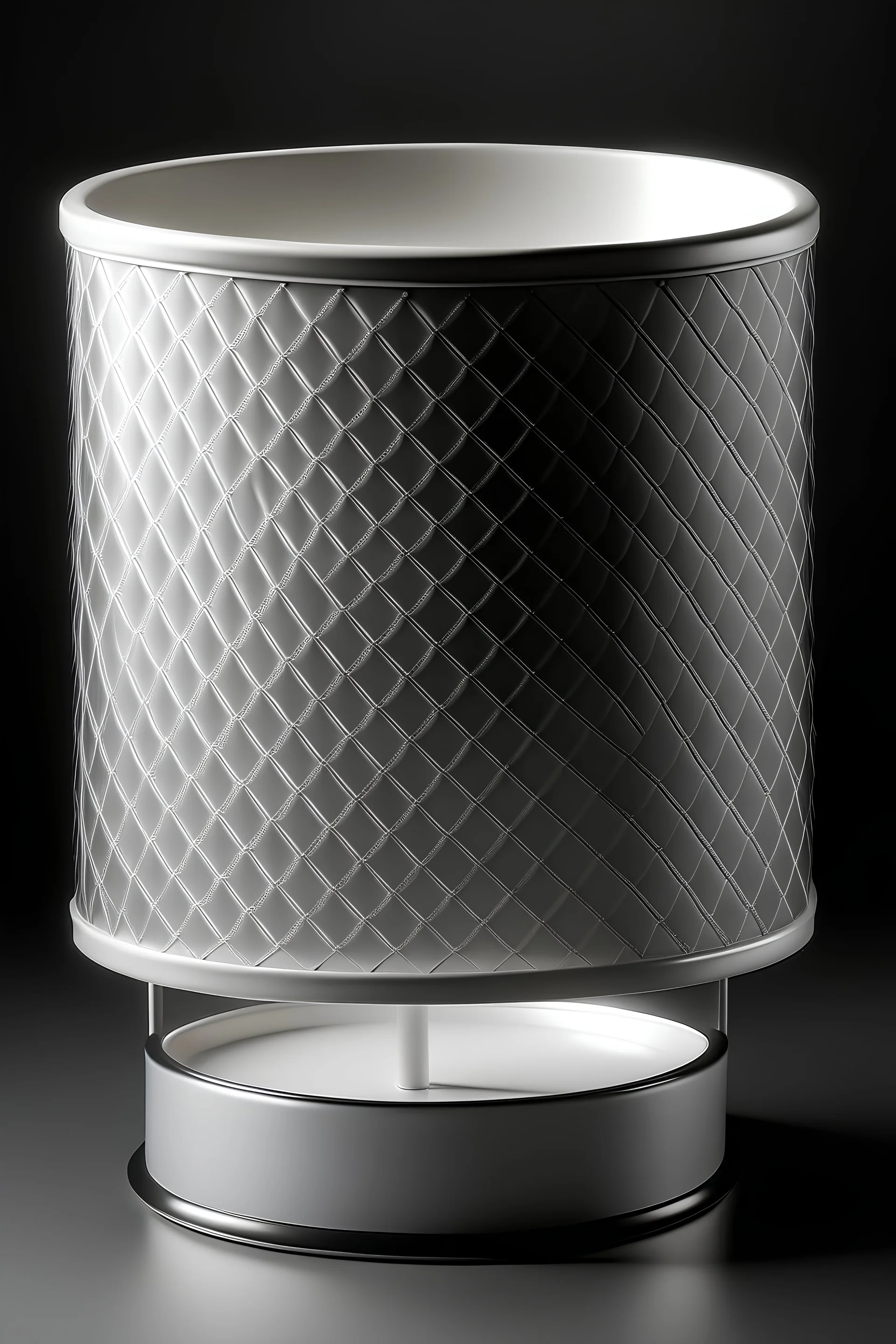 Metalic grid base lamprod with a big white linen round lampshade