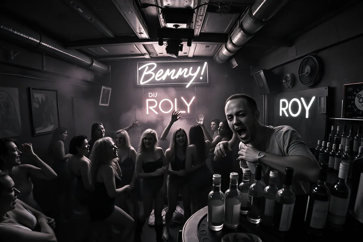 dans golv på en nedsliten sunkig techno club, många personer som dansar, yppiga kvinnor, scen rök och ljus strobes, svartvit bild, en del personer ser in i kameran och skriker: "Benny!" och en Neon Skylt med texten "DJ ROY" på väggen, DJ Roy skriker rätt in i kameran, öppen mun, mycket flaskor och glas i baren