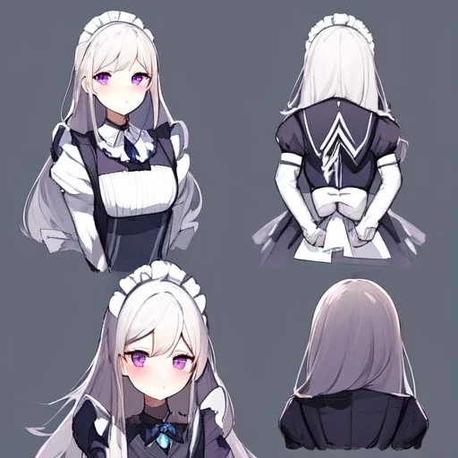 High quality, Detailed, Black long hair, Purple eyes, mouth open, blushing, maid clothes, concept art, clothes kinda reavling