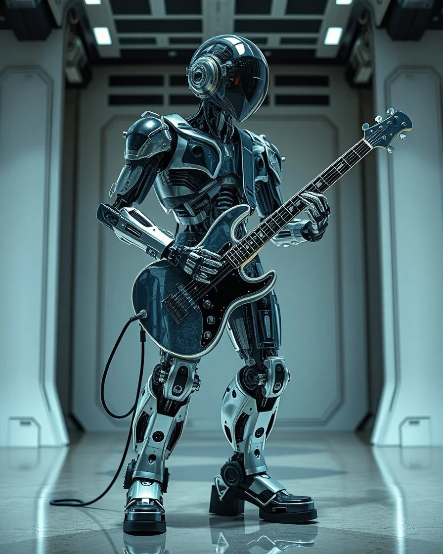 full body all to feet rendering robotic Punk rocker playing electric guitar, he having chasing clear surfaces it from transparency super clear glass explore inside machine components, advance design futuristic sci fi picture,find details,Sony Alpha 7 50mm 1.8,medium shot, high-resolution image with fine details,ultra detailed,ultra realistic,extremely realistic,intricate,photorealistic,epic composition,futuristic room background