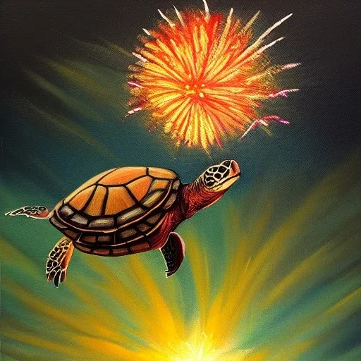 Oil painting style turtle and fireworks