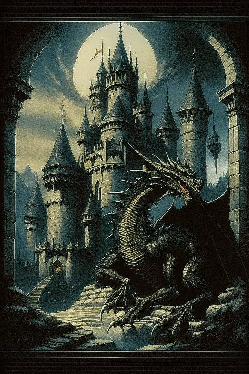 70s dark fantasy art, illustration of a black dragon in a castle