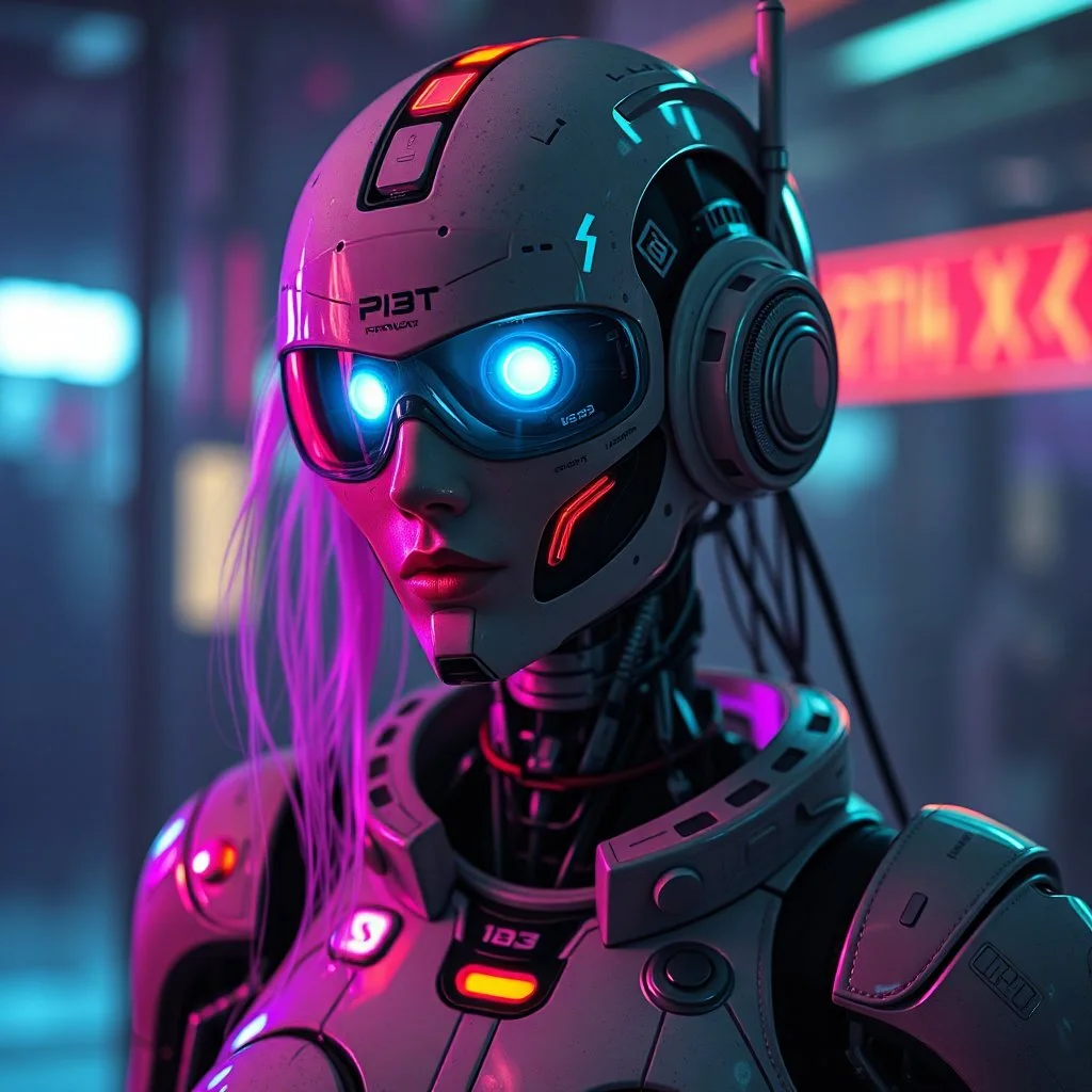 a robot from a dystopian future, cyberpunk aesthetic, worn with age, neon, feminine