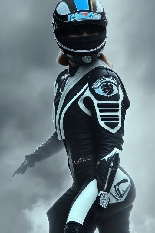 Black racing suit AnnaSophia Robb, portrait, bright white eyes, wearing high tech racing helmet, white smoke, dark, rage, sorrow, high definition, ultra 8 k, volumetric lighting, blue fire, fog