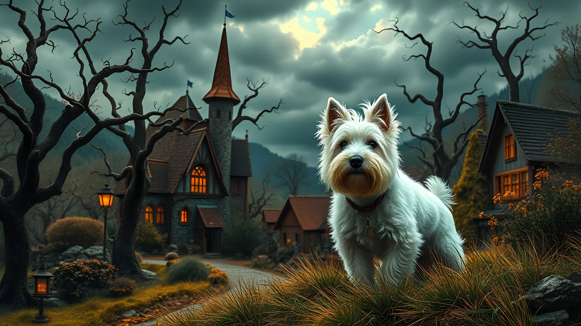 a small, fluffy dirty white west highland terrier in a faraway fairy tale village, orange, yellow, where the trees twisted like gnarled fingers and the skies brooded with stormy clouds, 8k, high quality, trending art, trending on artstation, sharp focus, studio photo, intricate details, highly detailed, by tim burton